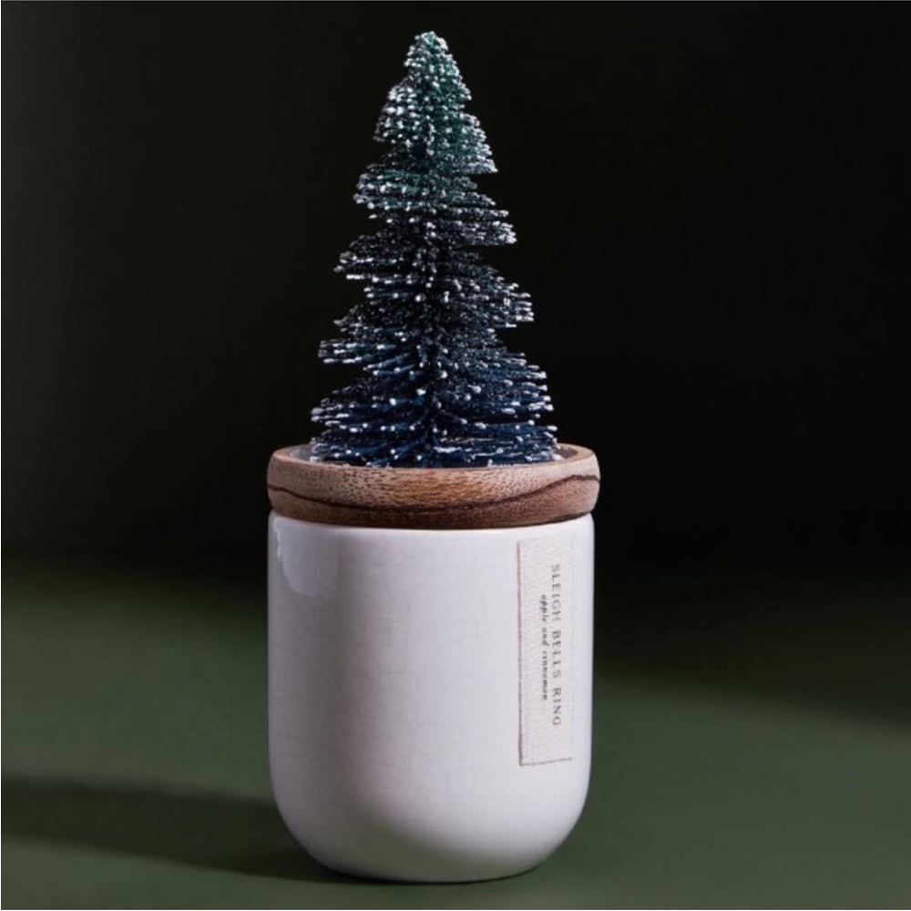 Anthropologie Frosted Bottle Brush Tree Candle Sleigh Bells Ring Apple &Cinnamon